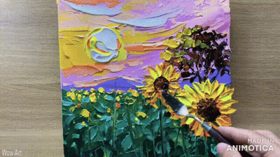 A Painting Of Sunflowers With The Words Wow Art Below It GIF