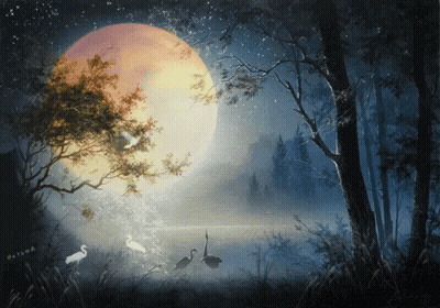 A Painting Of Swans In A Lake With A Full Moon Behind Them GIF