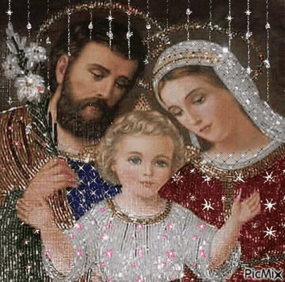 A Painting Of The Holy Family With Jesus , Mary , And Joseph . GIF
