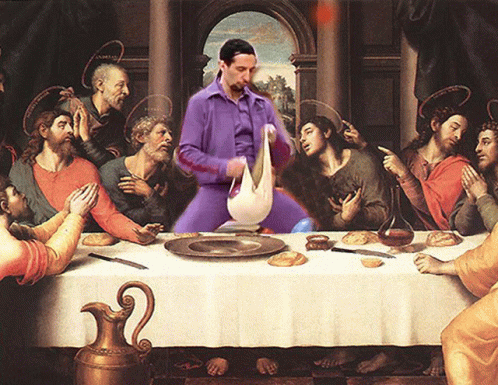 A Painting Of The Last Supper With A Man In A Purple Shirt GIF
