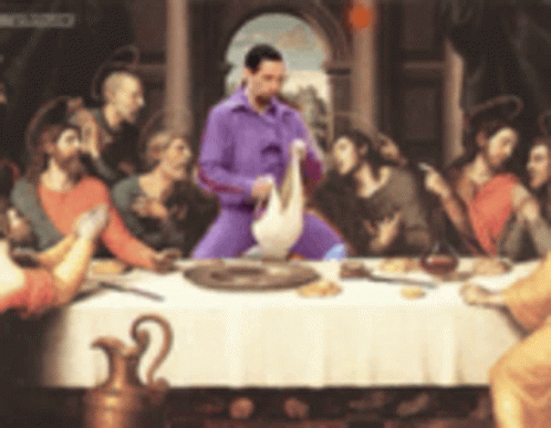 A Painting Of The Last Supper With A Man In Purple Pants GIF
