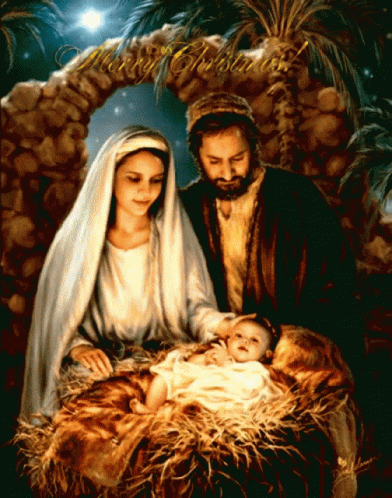 A Painting Of The Nativity Scene With The Words Merry Christmas GIF