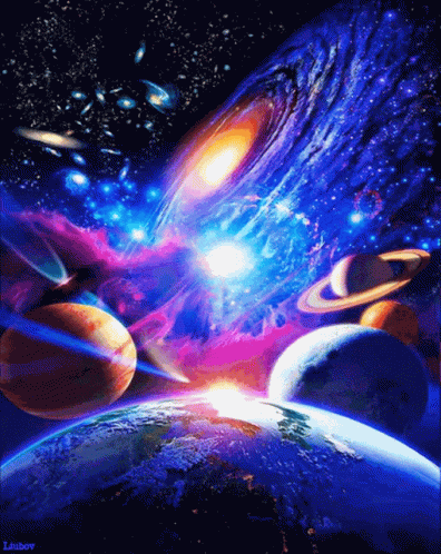 A Painting Of The Planets In The Solar System With The Name Lubov On The Bottom Right GIF