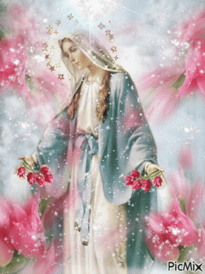 A Painting Of The Virgin Mary Surrounded By Pink Flowers With Picmix Written On The Bottom GIF