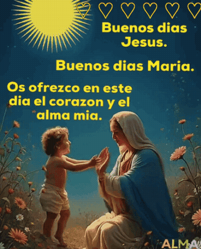 A Painting Of The Virgin Mary Talking To A Child With The Words Buenos Dias Jesus GIF