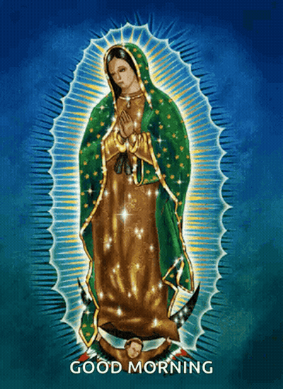 A Painting Of The Virgin Mary With The Words " Good Morning " Below It GIF