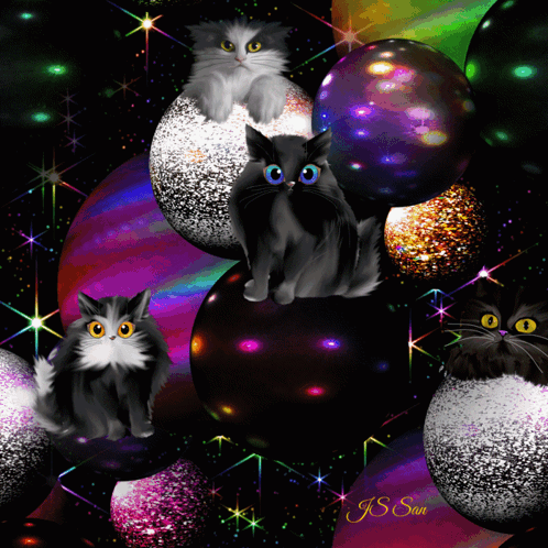 A Painting Of Three Cats Sitting On Christmas Ornaments With The Name J.s. San On The Bottom GIF