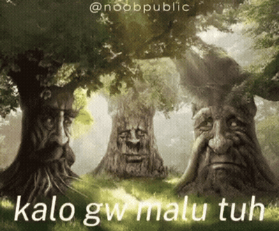 A Painting Of Three Trees With Faces Carved Into Them GIF