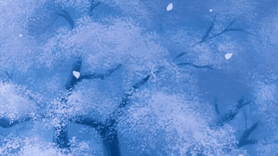 A Painting Of Trees With White Flowers On Them GIF