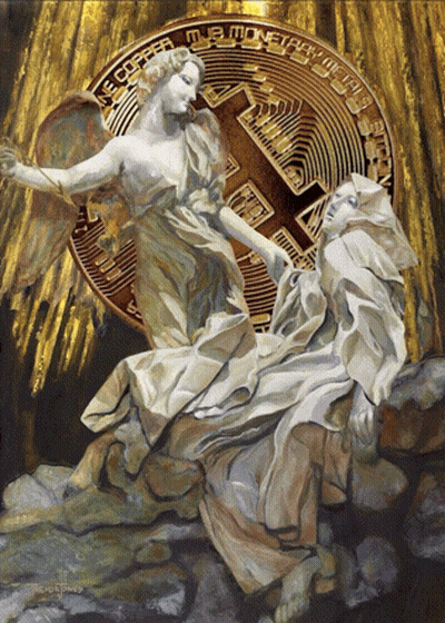 A Painting Of Two Angels With A Coin In The Background That Says ' E Copper ' GIF
