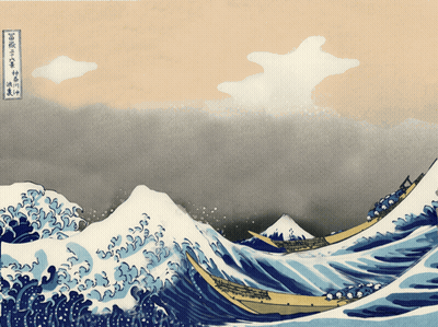 A Painting Of Two Boats In The Ocean With Chinese Writing On The Bottom GIF