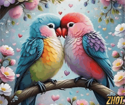 A Painting Of Two Colorful Birds Kissing On A Tree Branch With Zhut Written Below Them GIF