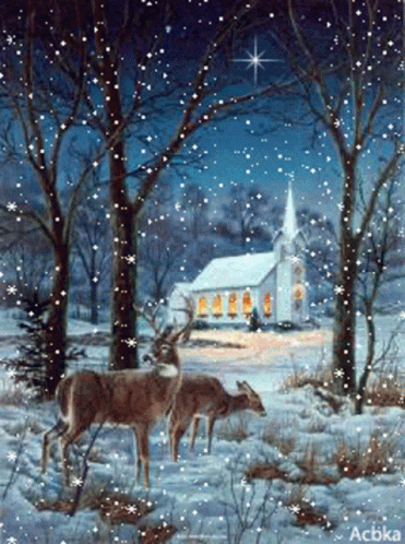 A Painting Of Two Deer In The Snow With A Church In The Background By Acbka GIF