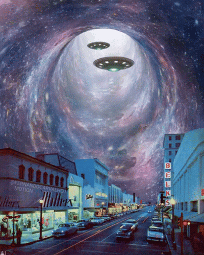 A Painting Of Two Flying Saucers Over A City Street With A Bell 'S Sign In The Foreground GIF