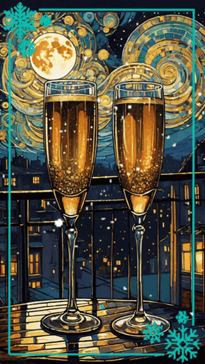 A Painting Of Two Glasses Of Champagne On A Balcony At Night GIF