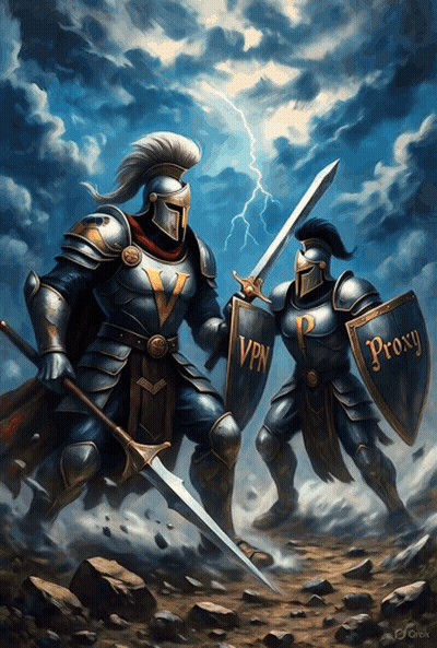 A Painting Of Two Knights Holding Swords And Shields With Vpn And Proxy On Them GIF