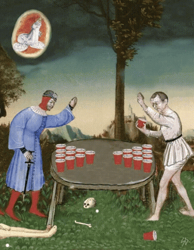 A Painting Of Two Men Playing A Game With Red Cups On A Table GIF
