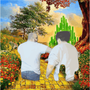 A Painting Of Two Men Walking Down A Yellow Brick Road Towards A Green Castle GIF
