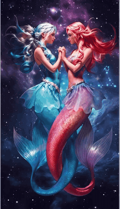 A Painting Of Two Mermaids Holding Hands Against A Starry Background GIF