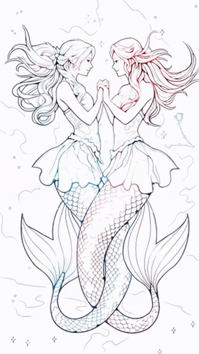 A Painting Of Two Mermaids Holding Hands GIF