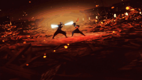 A Painting Of Two People Fighting With Swords In A Field GIF