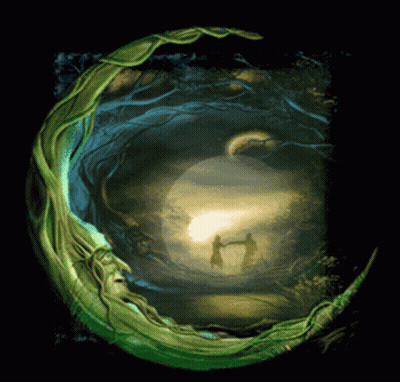 A Painting Of Two People Holding Hands In A Forest GIF