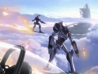 A Painting Of Two Robots Flying Through The Air . GIF