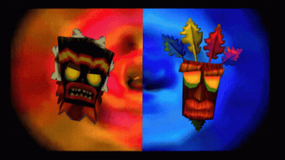 A Painting Of Two Tiki Masks With Leaves On Them GIF