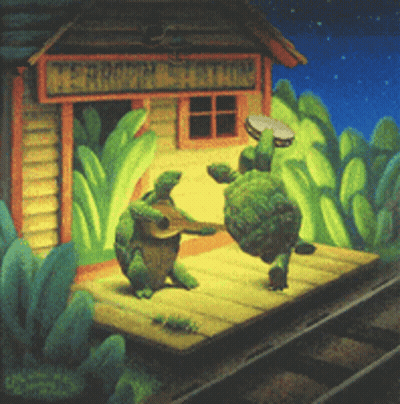 A Painting Of Two Turtles Playing Guitar And Tambourine In Front Of A Train Station GIF