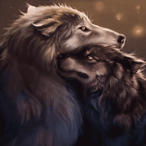 A Painting Of Two Wolves Hugging Each Other With A Dark Background GIF