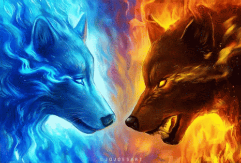 A Painting Of Two Wolves Looking At Each Other With Jojoesart Written On The Bottom GIF