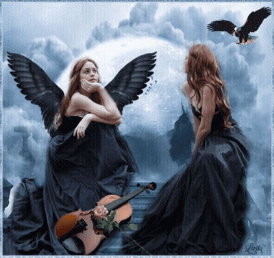 A Painting Of Two Women With Wings Sitting Next To Each Other With The Name Linda On The Bottom Right GIF