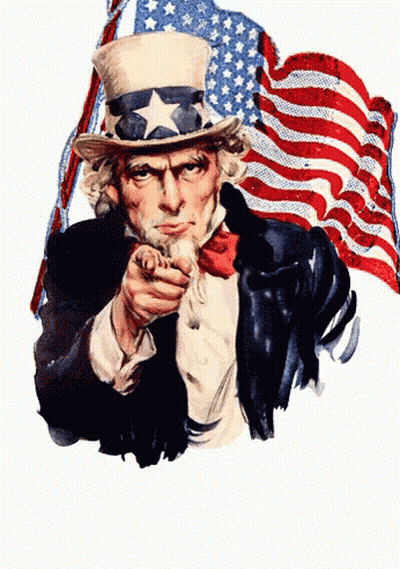 A Painting Of Uncle Sam Pointing At The Viewer With An American Flag In The Background GIF