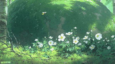 A Painting Of White Flowers And A Large Green Rock With Mashironn Written On The Bottom Right GIF