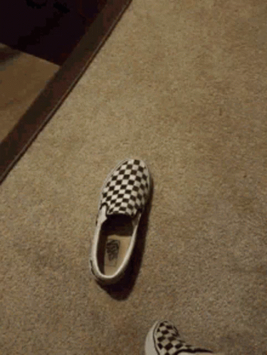 A Pair Of Black And White Checkered Vans Slip On Shoes On The Floor GIF