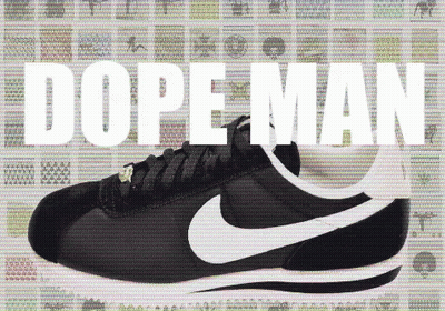 A Pair Of Black And White Nike Shoes With The Words Dope Man Written On The Bottom GIF