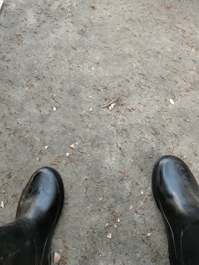 A Pair Of Black Rubber Boots Standing On A Concrete Surface GIF