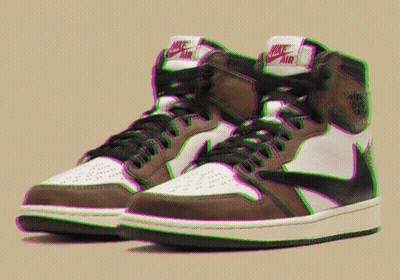A Pair Of Brown And White Nike Air High Top Sneakers GIF