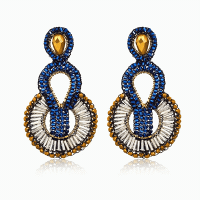 A Pair Of Earrings With Blue And White Beads GIF