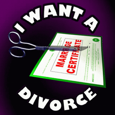 A Pair Of Scissors Cutting A Marriage Certificate With The Words I Want A Divorce Below It GIF