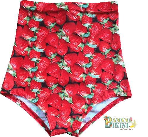 A Pair Of Shorts With Strawberries On Them And The Words Banana Bikini Sticker