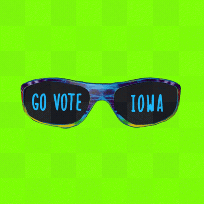 A Pair Of Sunglasses That Say Go Vote Iowa On A Green Background GIF
