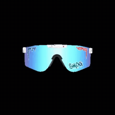 A Pair Of Sunglasses With A Blue Lens And A Red Sticker On Them On A Black Background . GIF