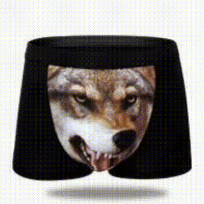 A Pair Of Underwear With A Picture Of A Wolf 'S Face On Them . GIF