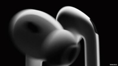 A Pair Of White Earbuds On A Black Background With The Words Thinkfiles Below GIF
