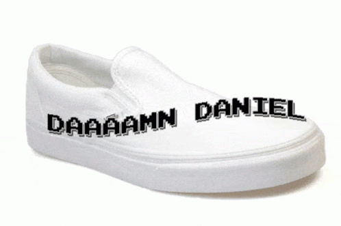 A Pair Of White Vans Shoes With The Name Daniel On The Side GIF