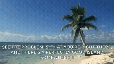 A Palm Tree On A Beach With The Words " See The Problem Is That You 'Re Right There " Below It GIF