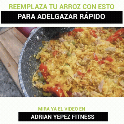 A Pan Filled With Rice And Vegetables With The Words Reemplaza Tu Arroz Con Esto Para Adelgazar Rapido Above It GIF