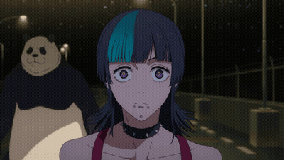 A Panda Bear And A Girl With Purple Eyes Are Standing Next To Each Other GIF