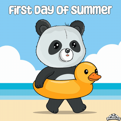 A Panda Bear Holding A Yellow Rubber Duck On The Beach With The Words First Day Of Summer GIF